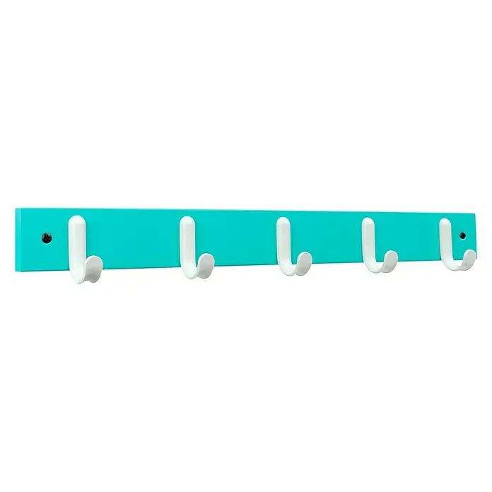 Inofix Perchero 3707 - L x An x Al: 48,8 x 6 x 5,2 cm, Madera, Turquesa - Un perchero de pared turquesa con cinco ganchos blancos, perfecto para guardar chaquetas y accesorios con estilo, práctico y decorativo.