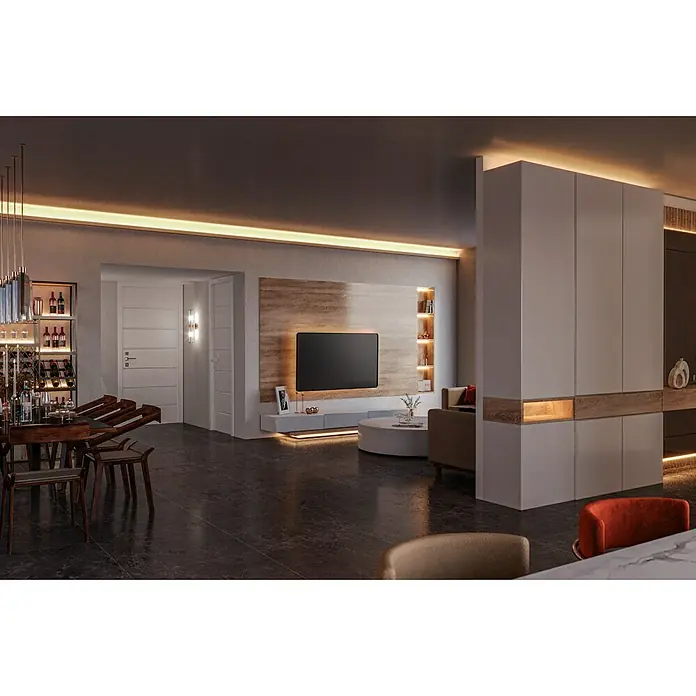 Tween Light LED-Band - Länge: 10 m, Lichtfarbe: Warmweiß, 13 W - Das Bild zeigt ein elegantes Wohnzimmer mit modernen Möbeln, stimmungsvoller Beleuchtung und einem stilvollen Ambiente, das zum Verweilen einlädt.