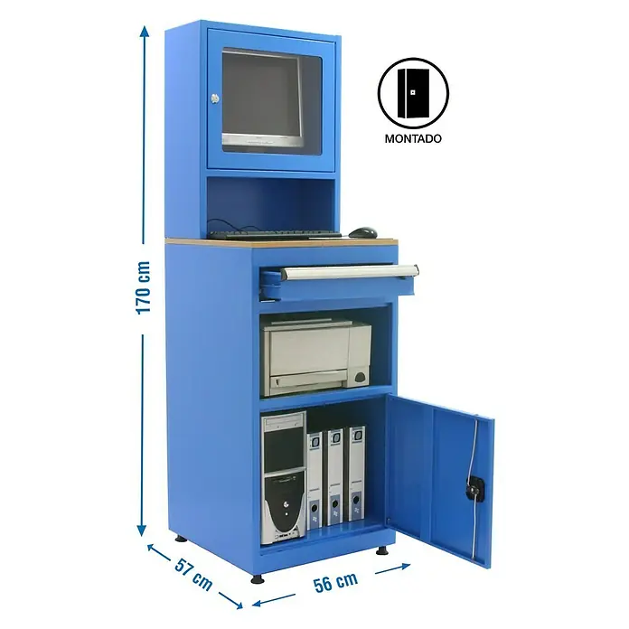 Simonrack Simonlocker Armario multiusos metálico Computer con repisa - L x An x Al: 57 x 56 x 170 cm - Armario de ordenador azul con monitor, teclado, impresora y PC. Ideal para almacenamiento organizado en oficinas o talleres.