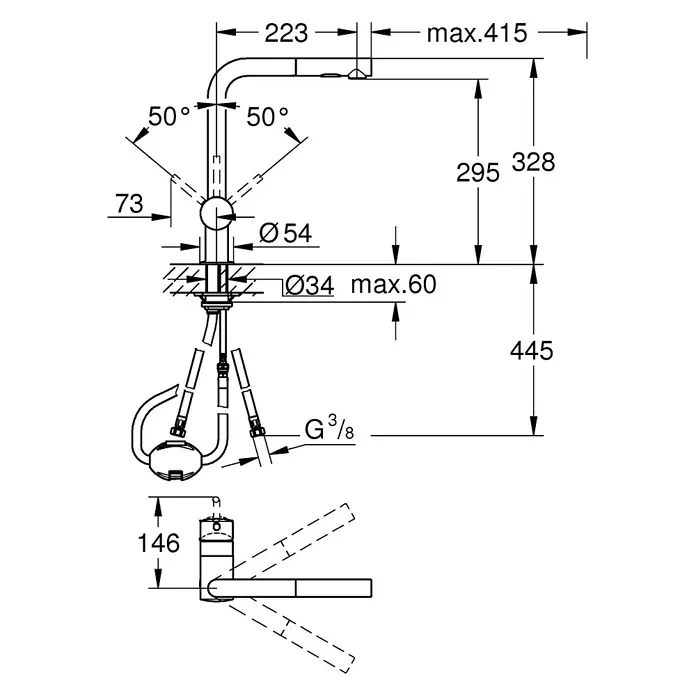 Grohe Spültischarmatur Minta - L-Auslauf, Supersteel, Matt, Anzahl Strahlarten: 2 Stk. - Technische Zeichnung einer Küchenarmatur mit Maßen, die die Abmessungen und Winkel des Produkts detailliert darstellt.