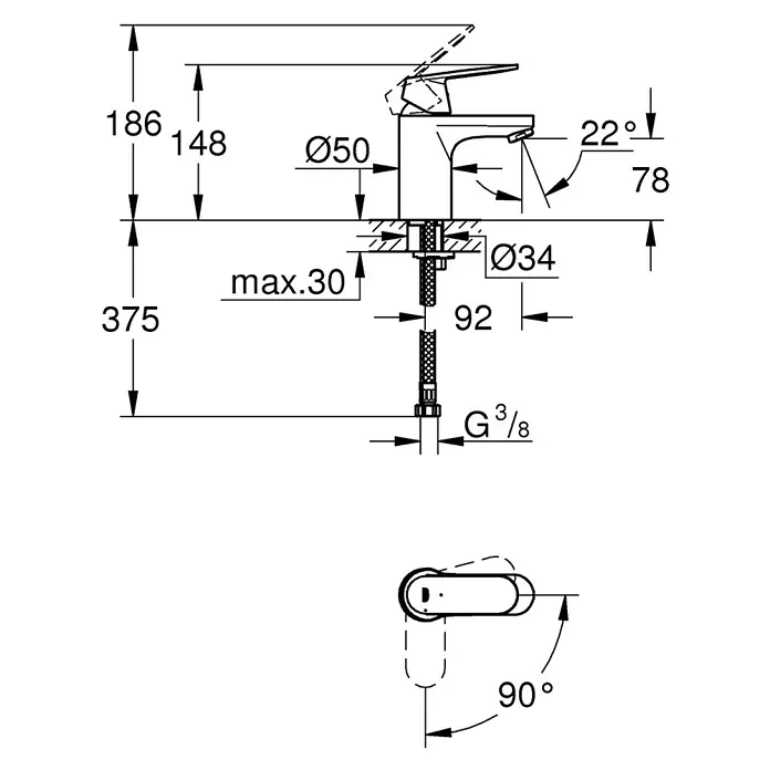 Grohe Eurosmart Cosmopolitan Waschtischarmatur S-Size - Ohne Zugstange, Chrom, Glänzend, Kaltwasserstart - Produktbild mit technischen Maßen einer Armatur, inklusive Höhe, Durchmesser und Winkel.