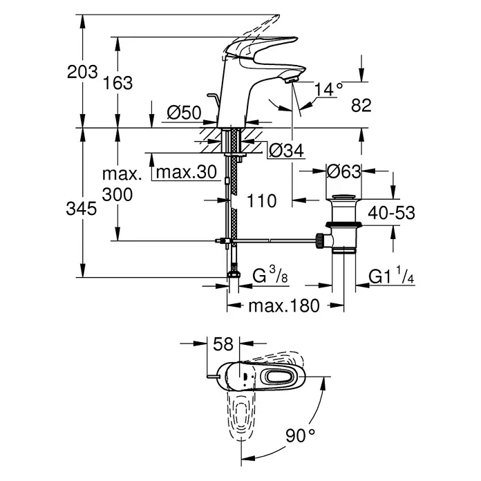 Grohe Eurostyle Cosmopolitan Waschtischarmatur S-Size - Weiß, Glänzend - Technische Zeichnung einer GROHE Waschtischarmatur mit Maßangaben für Installation und Design, inklusive Hahn, Ablaufgarnitur und Anschlüssen.