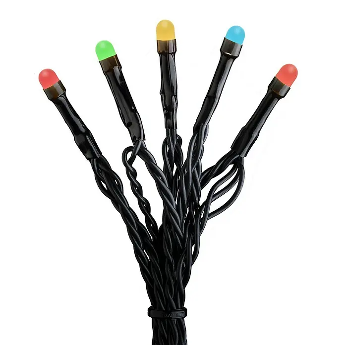 Konstsmide LED-Lichterkette - Außen, Lichtfarbe: Mehrfarbig, Anzahl Leuchtmittel: 80 Stk., Netzbetrieben, 12,64 m - Eine Nahaufnahme einer Lichterkette mit bunten LED-Lampen und einem schwarzen Kabelbinder. Diese Lichterkette ist ideal für festliche Dekorationen.