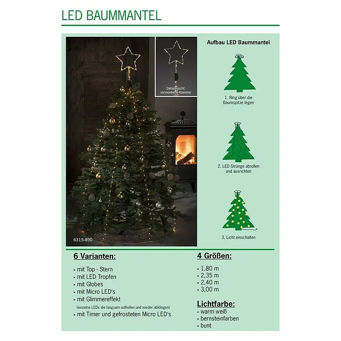 Konstsmide LED-Lichterkette Baummantel - Innen, Lichtfarbe: Bernstein, Anzahl Leuchtmittel: 240 Stk., Netzbetrieben - LED-Baummantel mit verschiedenen Varianten und Größen. Verfügbar in warmweiß, bernsteinfarben oder bunt. Mit Aufbauanleitung.