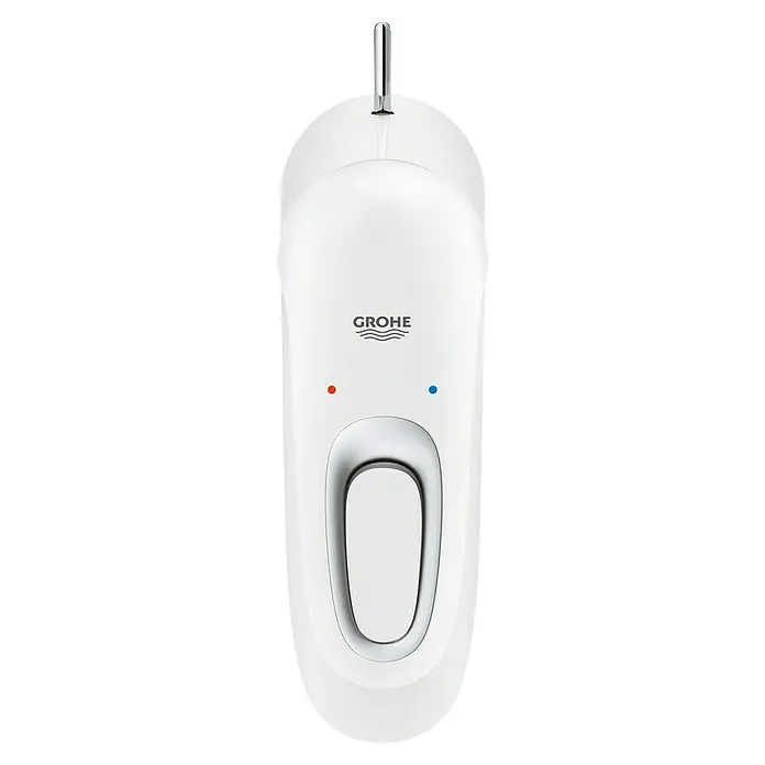 Grohe Eurostyle Cosmopolitan Waschtischarmatur S-Size - Weiß, Glänzend - Eine Nahaufnahme eines GROHE Eurocube Waschtisch-Einhandmischers in Weiß mit einem schlanken, modernen Design und einem Chrom-Auslauf.