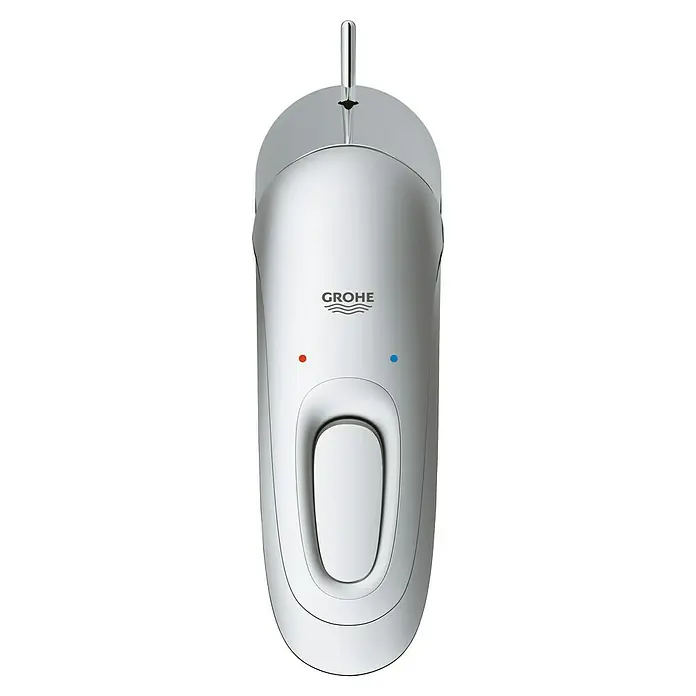 Grohe Eurostyle Waschtischarmatur S-Size - Chrom, Glänzend, Kaltwasserstart - Nahaufnahme einer eleganten, verchromten Grohe Armatur mit Temperaturanzeigen und modernem Design für Badezimmer.