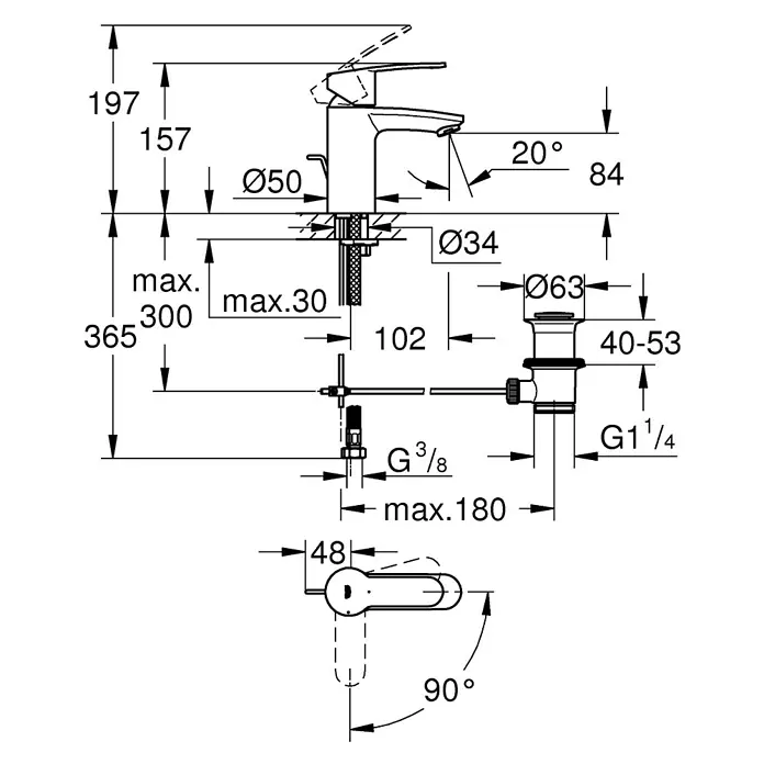 Grohe Eurostyle Cosmopolitan Waschtischarmatur S-Size - Chrom, Glänzend, Mit Zugstange, Kaltwasserstart - Technische Zeichnung eines Wasserhahns mit Maßangaben für Installation und Design, einschließlich Höhe, Durchmesser und Winkel.