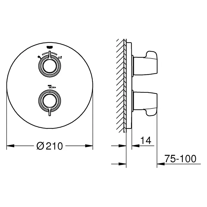 Grohe Grohtherm Special UP-Badewannenthermostat - Chrom, Glänzend - Technische Zeichnung eines runden Duscharmatur-Sets mit zwei Griffen, das die Abmessungen und Details der Installation zeigt.