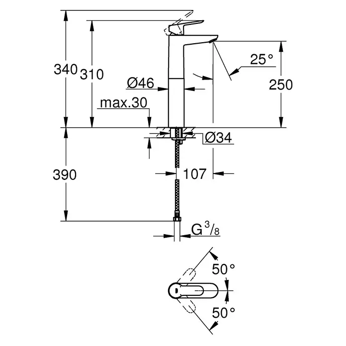 Grohe BauEdge Waschtischarmatur XL-Size - Chrom, Glänzend - Abbildung einer Armatur mit Maßen. Die Armatur hat eine Höhe von 340 mm und einen Auslauf von 250 mm. Der Durchmesser beträgt 46 mm.