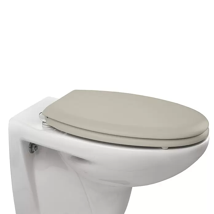 Poseidon Tapa de WC Rio - Madera, Beige Bahama, Con caída amortiguada - Inodoro de cerámica blanca con tapa de inodoro beige suave cerrada.