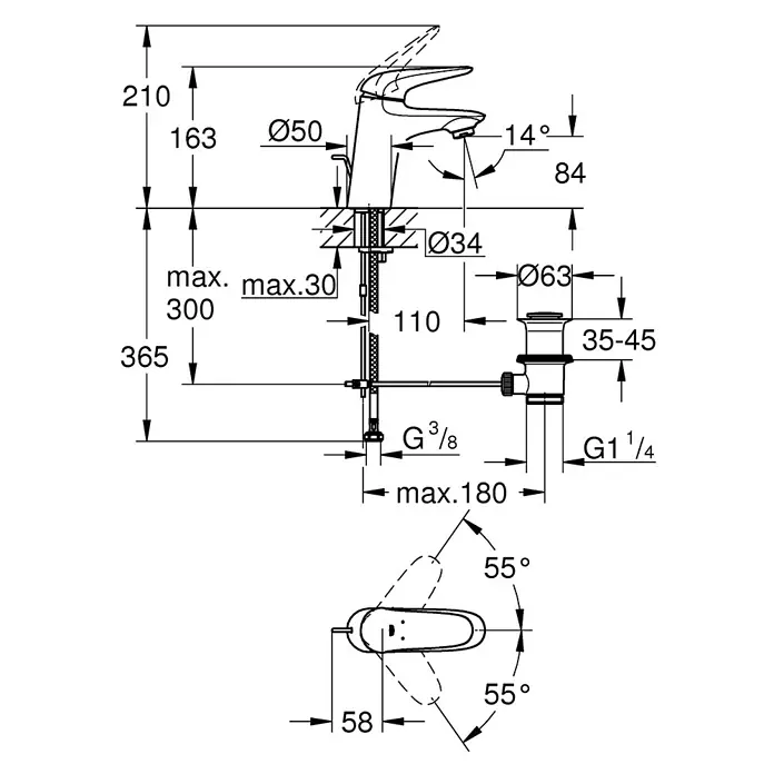 Grohe Eurostyle Solid Waschtischarmatur S-Size - Chrom, Glänzend, Mit Zugstange - Technische Zeichnung einer Waschtischarmatur mit allen Maßangaben für Installation, Abmessungen und Anschlüsse.