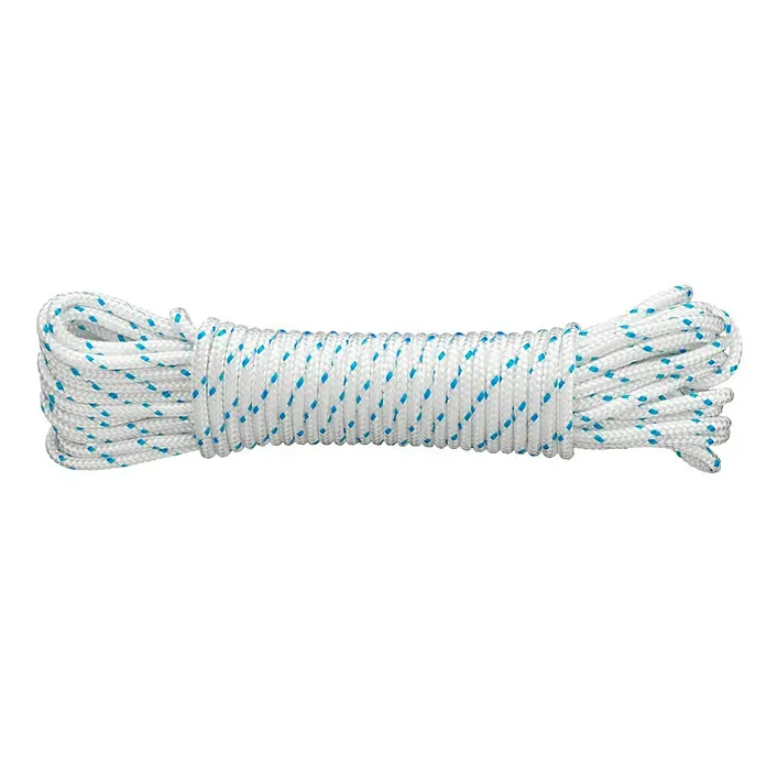 Cuerda de poliéster DY2702880 - 4 mm x 20 m, Poliéster, Blanco, Carga soportada: 35 kg - Una cuerda blanca enrollada con detalles azules, perfecta para diversas aplicaciones.