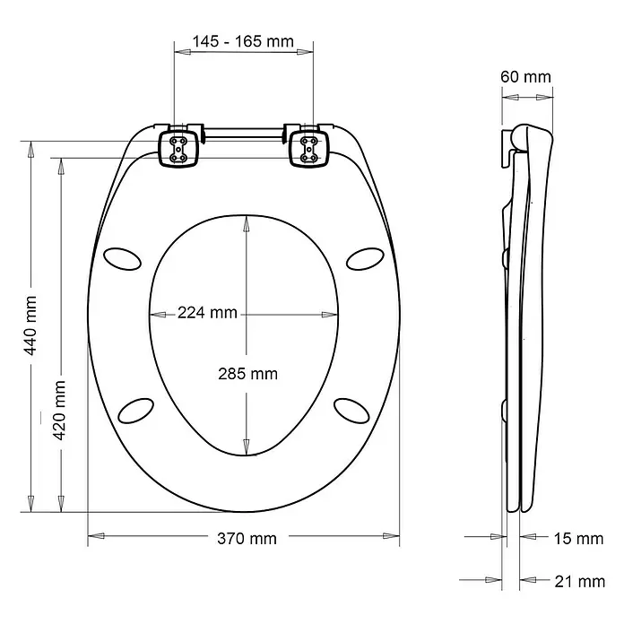 Poseidon Tapa de WC Florenz - Duroplast, Blanco, Con caída amortiguada - Dibujo técnico de una tapa de inodoro blanca, mostrando dimensiones externas, apertura interna y distancia entre bisagras en milímetros.