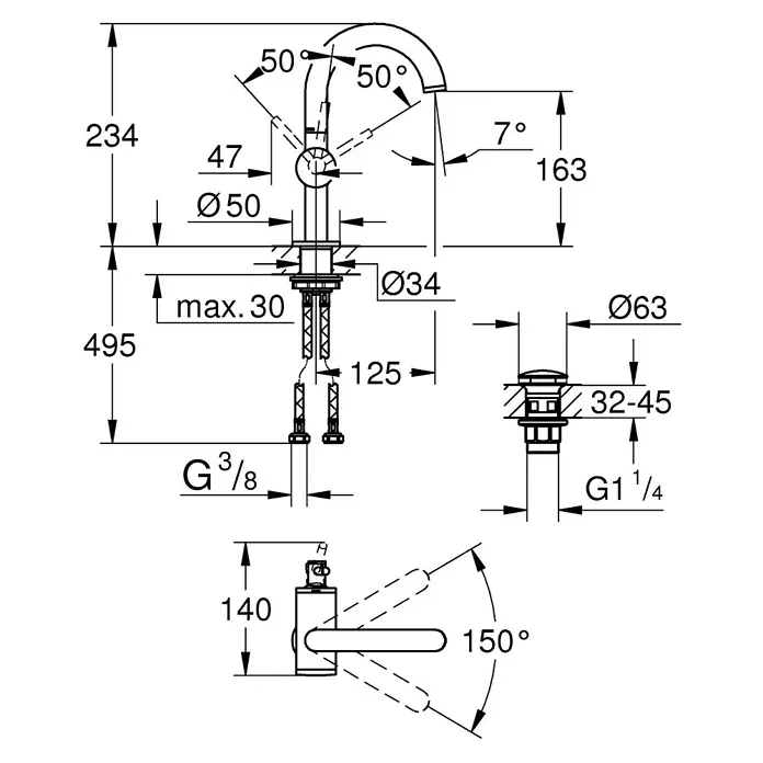 Grohe Atrio Waschtischarmatur M-Size - Chrom, Glänzend - Technische Zeichnung einer Armatur mit Maßen, die die Höhe, den Durchmesser und den Drehwinkel des Griffs detailliert beschreibt.