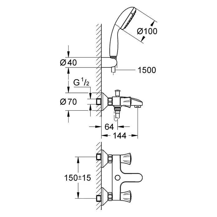 Grohe Costa Badewannenarmatur - Mit Handbrause, Chrom, Glänzend - Produktbild eines Duschsystems mit Maßangaben, das die Installation und Designmerkmale hervorhebt.\n