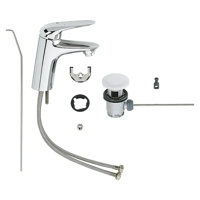 Grohe Eurostyle Solid Waschtischarmatur S-Size - Chrom, Glänzend, Mit Zugstange - Ein glänzender, moderner Wasserhahn aus Chrom mit Zubehör, bereit für die Installation im Badezimmer.