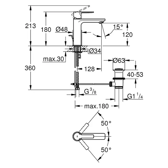 Grohe Lineare Waschtischarmatur S-Size - Mit Zugstange, Chrom - Technische Zeichnung einer Armatur mit Maßangaben für Installation und Design, detailliert und präzise dargestellt.