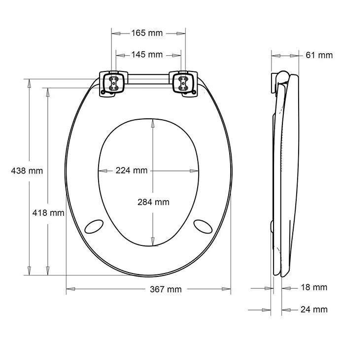 Poseidon Tapa de WC Granada - Madera, Blanco, Con caída amortiguada - Dibujo técnico de un asiento de inodoro con múltiples vistas y dimensiones detalladas para la instalación.