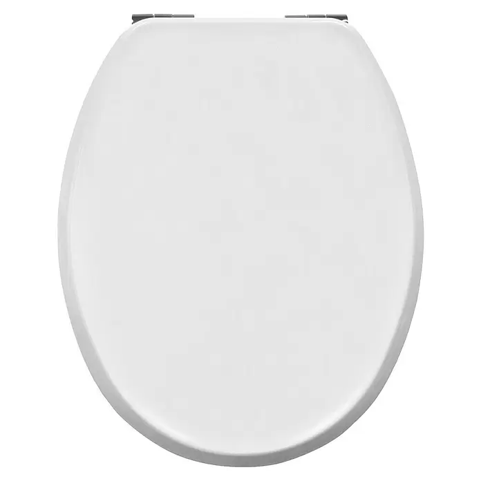 Poseidon Tapa de WC Granada - Madera, Blanco, Con caída amortiguada - Tapa de inodoro blanca, cerrada, vista desde arriba con bisagras visibles.
