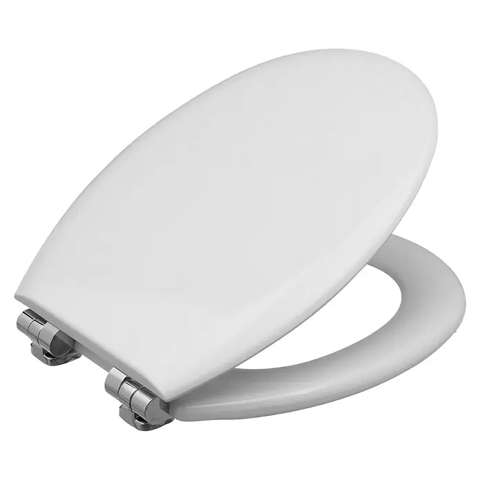Poseidon Tapa de WC Granada - Madera, Blanco, Con caída amortiguada - Asiento de inodoro blanco con bisagras cromadas, con tapa cerrada y aro abierto.