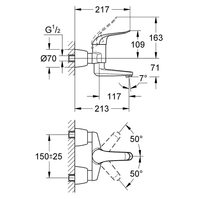 Grohe Euroeco Special Waschtischarmatur - Wandmontage, Chrom, Glänzend, Ausladung Armatur: 214 mm, Mit absperrbaren S-Anschlüssen - Technische Zeichnung einer Grohe Waschtischarmatur zur Wandmontage mit Maßangaben zu Ausladung, Höhe und Anschluss.