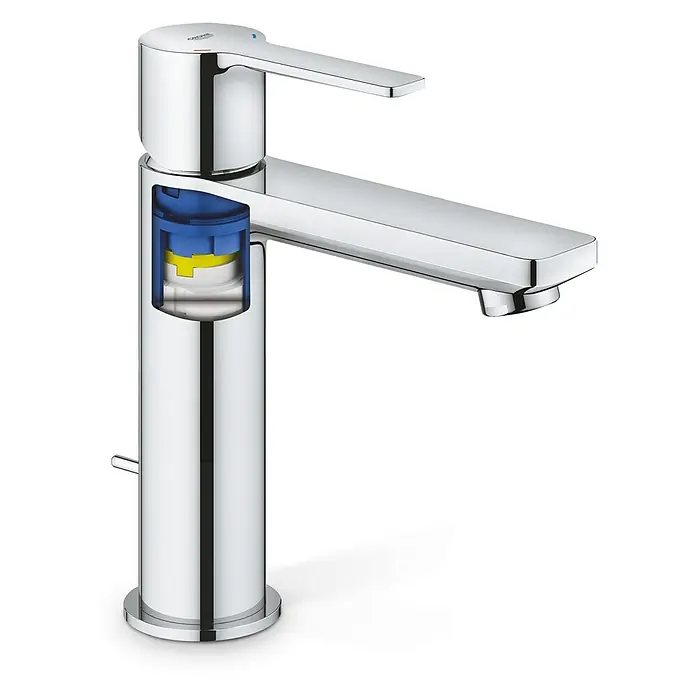 Grohe Lineare Waschtischarmatur S-Size - Mit Zugstange, Chrom - Dieses Bild zeigt eine Armatur in Chromoptik. Die Armatur ist teilweise aufgeschnitten und zeigt so das Innere. Ein modernes Design.