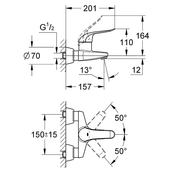 Grohe Euroeco Special Waschtischarmatur - Wandmontage, Chrom, Glänzend, Ausladung Armatur: 156 mm - Technische Zeichnung eines Wasserhahns für das Badezimmer mit detaillierten Maßangaben.