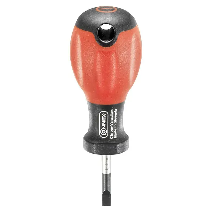 Connex Destornillador Stubby COX310425 - SL 6 mm, Longitud de la hoja: 25 mm - Primer plano de un destornillador plano corto de CONNEX, con mango pequeño, ideal para trabajar en espacios reducidos.