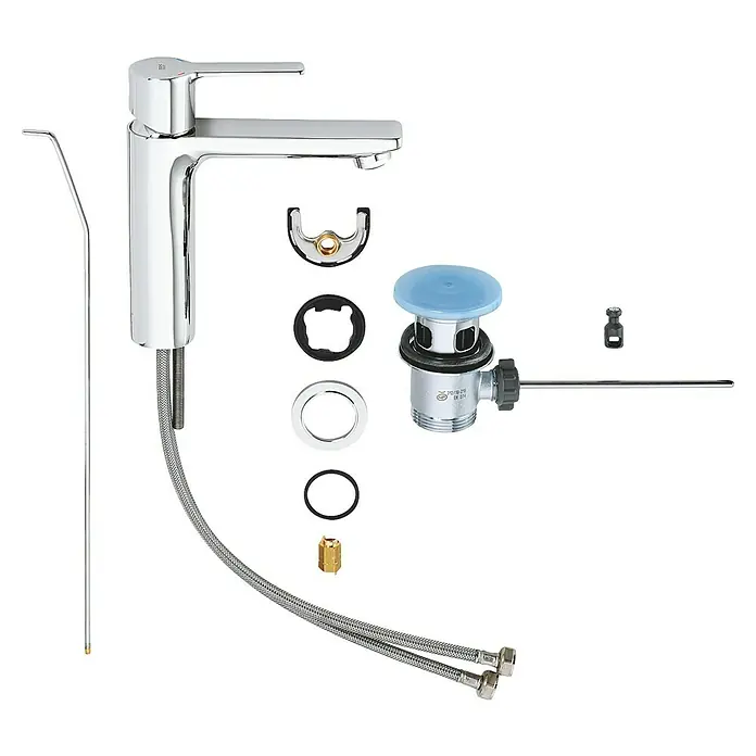 Grohe Lineare Waschtischarmatur S-Size - Mit Zugstange, Chrom - Produktabbildung einer Grohe Waschtischarmatur mit Zubehör für die Installation. Hochwertiges Design für moderne Badezimmer.