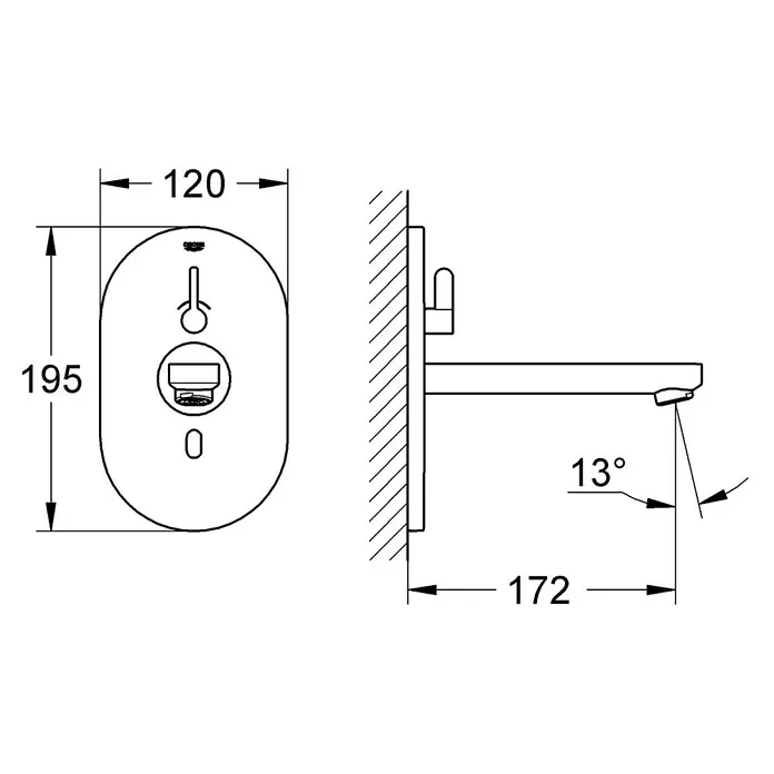 Grohe Eurosmart Waschtischarmatur - Wandmontage, Chrom, Glänzend, Ausladung Armatur: 170 mm - Schematische Darstellung einer Grohe Waschtischarmatur zur Wandmontage mit Maßangaben.