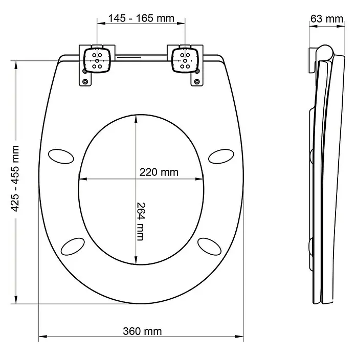 Bemis WC-Sitz Hudson - Holz, Schwarz, Mit Absenkautomatik - Technische Zeichnung eines Toilettensitzes mit Maßen. Der Sitz ist oval und hat eine Standardgröße.