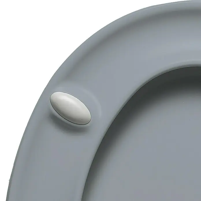 Bemis WC-Sitz Hudson - Holz, Beton, Mit Absenkautomatik - Nahaufnahme eines grauen Toilettensitzes mit einem ovalen, weißen Stopper, der für Stabilität und Komfort sorgt.