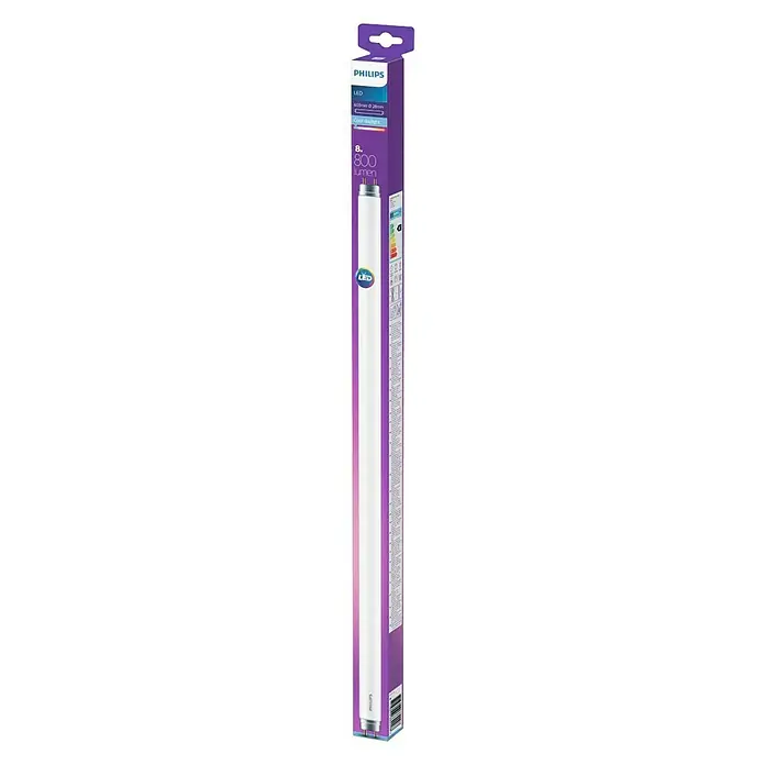 Philips LED Leuchtstoffröhre T8 - Länge: 60,25 cm, Kaltweiß, 8 W, 800 lm - Nahaufnahme einer Philips LED-Röhre in ihrer lila Verpackung, die Helligkeit und Länge hervorhebt.