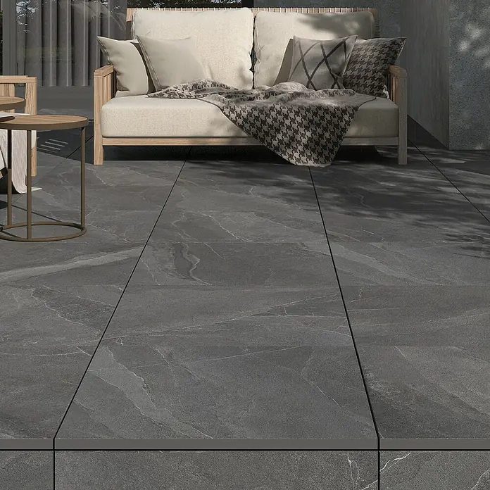 Terrassenfliese Monte 2.059,7 x 59,7 x 2 cm, Anthrazit, Matt - Elegante graue Fliesen für den Außenbereich, perfekt für Terrassen und Gärten. Die Fliesen verleihen jedem Außenbereich ein modernes Aussehen.