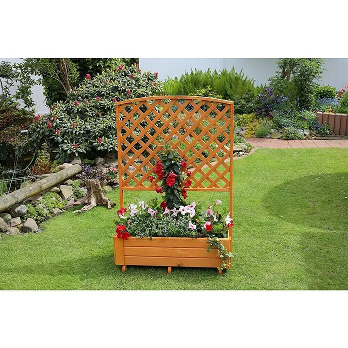 Promadino Pflanzkasten Flora - Außenmaß (L x B x H): 91 x 41 x 130 cm, Holz, Honigbraun - Holz Pflanzkasten mit Rankgitter, bepflanzt mit roten und weißen Blumen. Ideal für Garten und Terrasse.