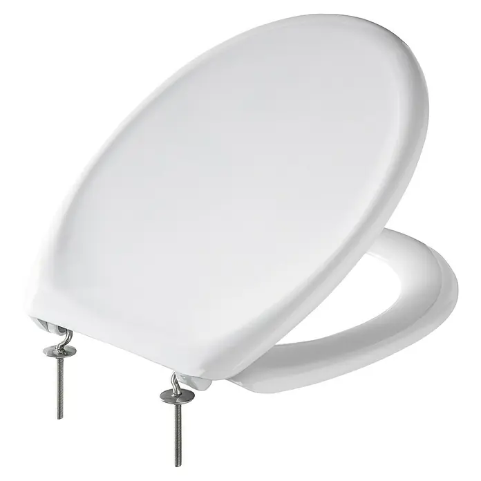 Poseidon WC-Sitz Frankfurt - Duroplast, Weiß, Ohne Absenkautomatik - Ein weißer Toilettensitz mit Befestigungsschrauben vor einem schwarzen Hintergrund.