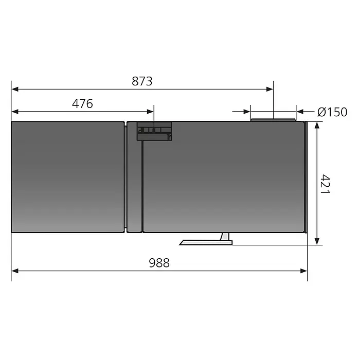 Justus Kaminofen Dias - 6,5 kW, Raumheizvermögen: 128 m³, Material Verkleidung: Stahl, Schwarz - Technische Zeichnung eines dunkelgrauen Geräts (z.B. Ofen) mit Maßen und Ø150 Abluftstutzen.