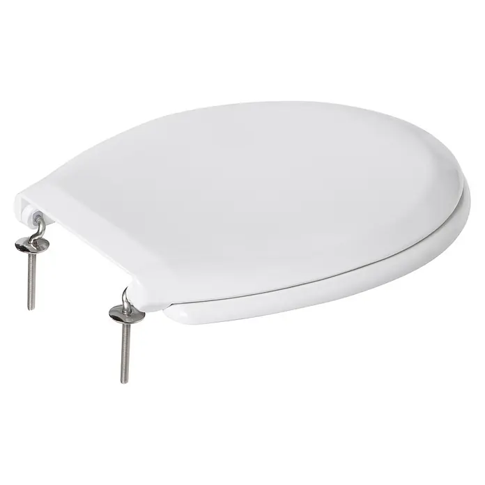 Poseidon WC-Sitz Berlin - Duroplast, Weiß, Ohne Absenkautomatik - Ein weißer Toilettensitz mit Befestigungsschrauben, der eine saubere und hygienische Badezimmerlösung bietet.