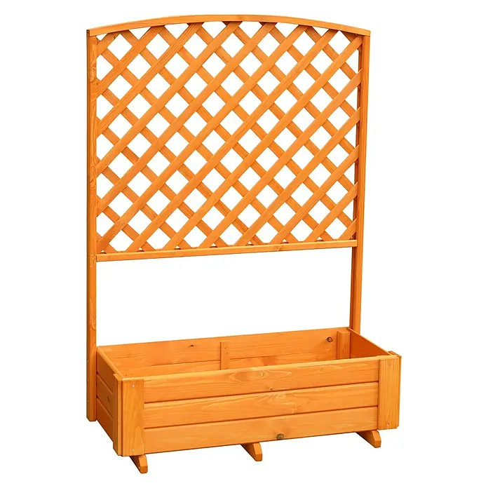 Promadino Pflanzkasten Flora - Außenmaß (L x B x H): 91 x 41 x 130 cm, Holz, Honigbraun - Nahaufnahme eines erhöhten Pflanzgefäßes aus Holz mit Gitterwerk, das sich perfekt für Gartenarbeit und Dekoration im Freien eignet.