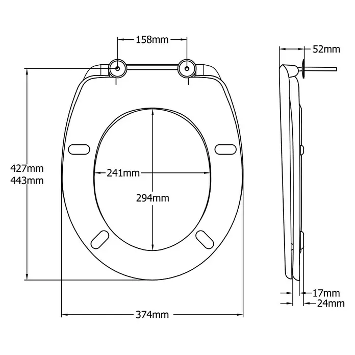 Poseidon WC-Sitz Frankfurt - Duroplast, Weiß, Ohne Absenkautomatik - Schemazeichnung eines Toilettensitzes mit Maßangaben zu Breite, Länge und Höhe.