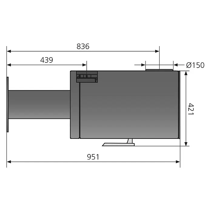 Justus Kaminofen Dias - 6,5 kW, Raumheizvermögen: 128 m³, Material Verkleidung: Stahl, Schwarz - Technische Zeichnung eines dunkelgrauen Heizgeräts mit Rauchrohranschlüssen, zeigt Hauptabmessungen.