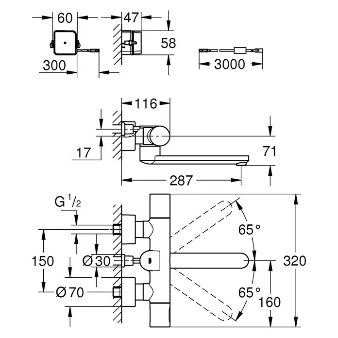 Grohe Eurosmart Cosmopolitan Waschtischarmatur Bluetooth - Infrarot-Elektronik, Chrom, Glänzend, Ausladung: 287 mm - Technische Zeichnung einer Duscharmatur mit Maßangaben für Installation und Design, inklusive detaillierter Abmessungen.