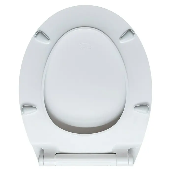 Bemis WC-Sitz Slim - Duroplast, Weiß, Mit Absenkautomatik - Weißer Toilettensitz mit ovaler Form und glatter Oberfläche. Der Toilettensitz ist sauber und unbenutzt und bereit für die Installation.
