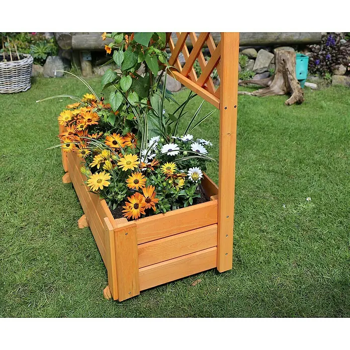 Promadino Pflanzkasten Flora - Außenmaß (L x B x H): 91 x 41 x 130 cm, Holz, Honigbraun - Hölzerner Pflanzkasten mit Spalier, gefüllt mit bunten Blumen auf einer Rasenfläche, ideal für die Gartendekoration.