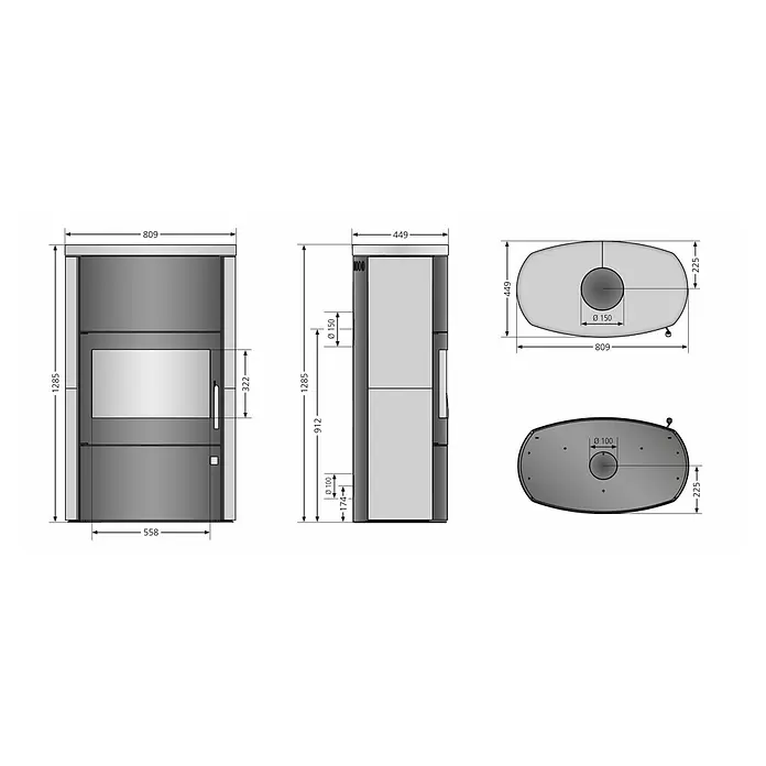 Justus Kaminofen Agero W+ - 7 kW, Raumheizvermögen: 144 m³, Material Verkleidung: Stahl, Schwarz - Technische Zeichnung eines grauen Holzofens. Maße: H 1285, B 558, T 449mm. Rauchrohr Ø150mm, Zuluft Ø100mm Anschlüsse.