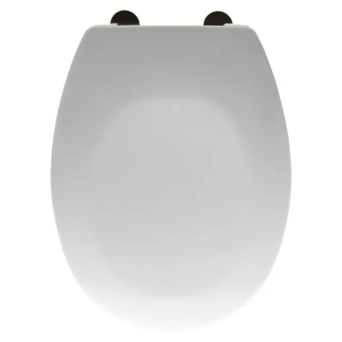 Poseidon WC-Sitz Hamburg - Duroplast, Weiß, Ohne Absenkautomatik - Ansicht von oben auf einen weißen WC-Sitz mit silbernen Beschlägen. Ein stilvolles und funktionales Badezimmeraccessoire.