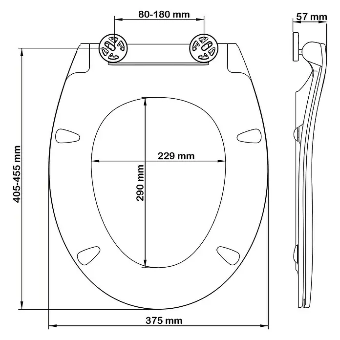 Bemis WC-Sitz Slim - Duroplast, Weiß, Mit Absenkautomatik - Technische Zeichnung eines Toilettensitzes mit Bemaßung für Montage und Abmessungen.