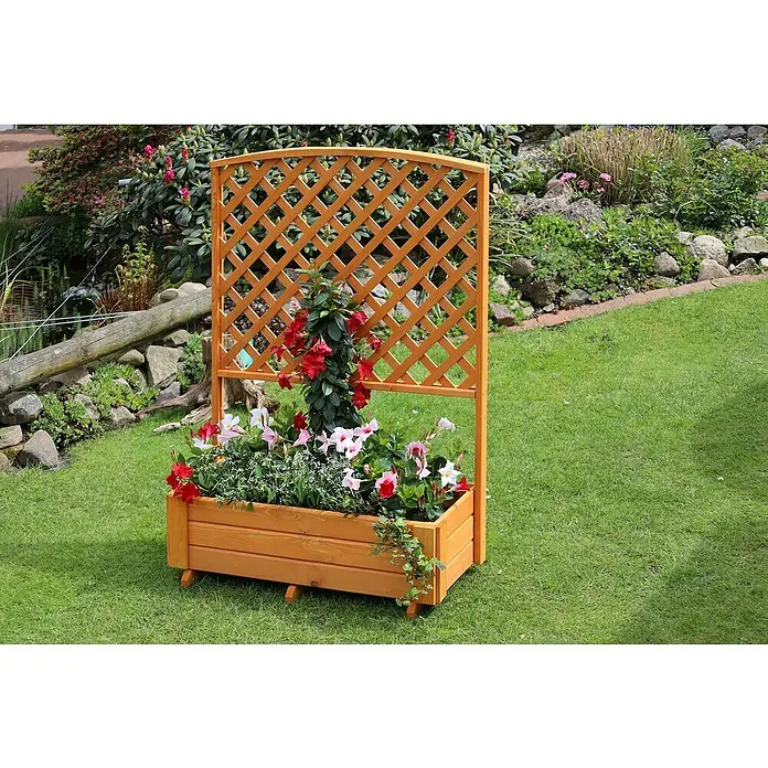 Promadino Pflanzkasten Flora - Außenmaß (L x B x H): 91 x 41 x 130 cm, Holz, Honigbraun - Blumenkasten mit Rankgitter: Eine rustikale und attraktive Ergänzung für jeden Garten, perfekt für Kletterpflanzen und bunte Blumen.