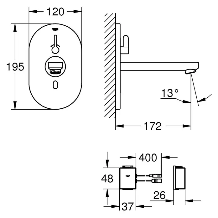 Grohe Eurosmart Cosmopolitan Waschtischarmatur - Wandmontage, Chrom, Glänzend, Ausladung Armatur: 172 mm - Technische Zeichnung des Grohe Essence E Waschtischarmatur für Wandmontage mit Abmessungen.