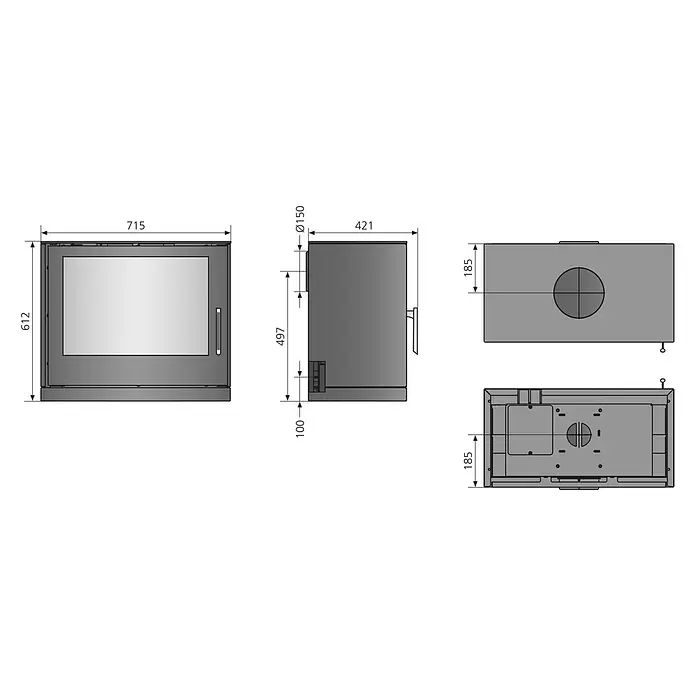 Justus Kaminofen Dias - 6,5 kW, Raumheizvermögen: 128 m³, Material Verkleidung: Stahl, Schwarz - Technische Zeichnung eines grauen, rechteckigen Kamineinsatzes mit Glastür, Ansichten von vorne, Seite, oben und unten mit Maßen.